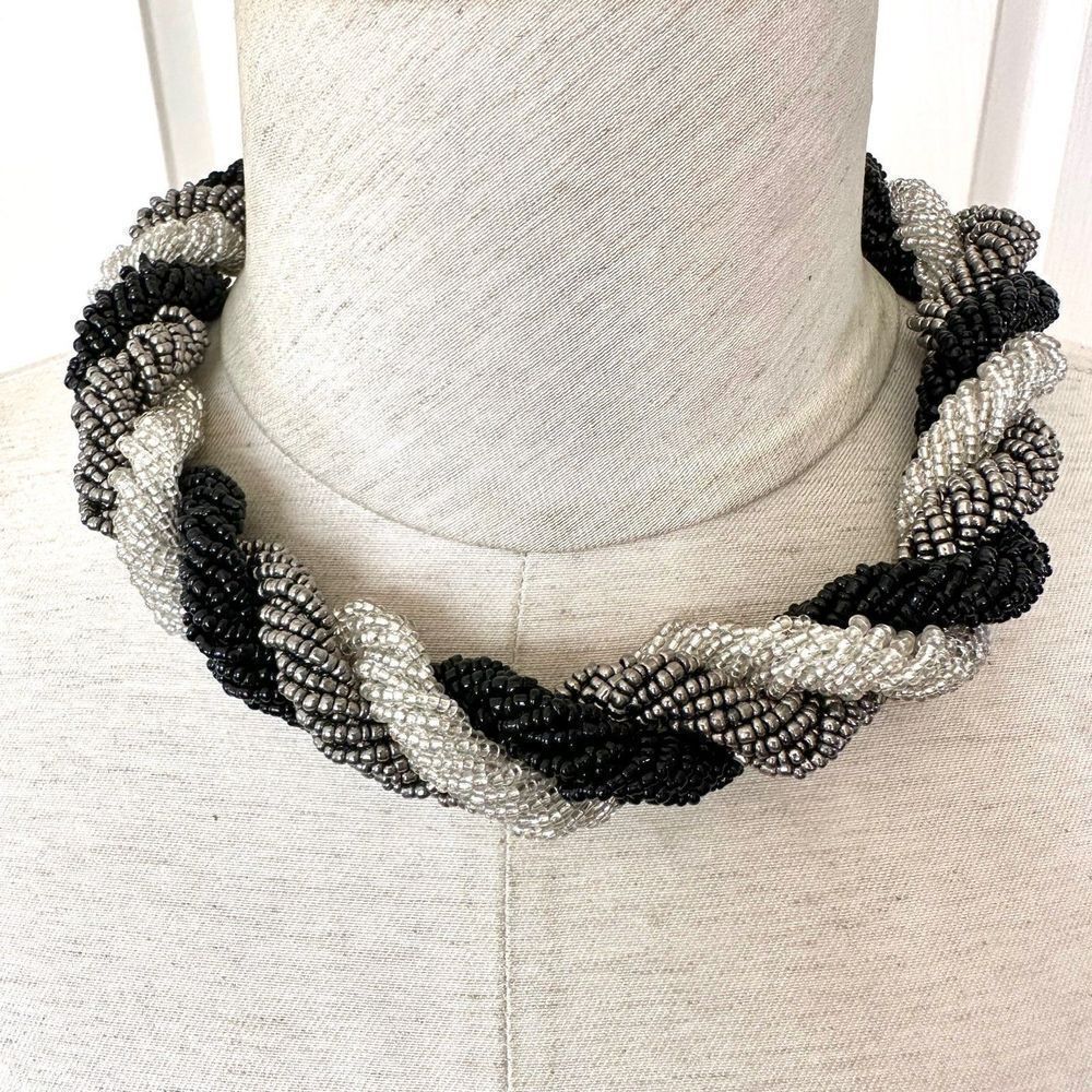 Black and grey twisted seed beaded Indonesian necklace